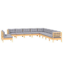 Salon de jardin 11 pcs avec coussins gris bois de pin solide