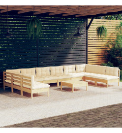 Salon de jardin 11 pcs avec coussins crème bois de pin massif
