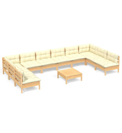Salon de jardin 11 pcs avec coussins crème bois de pin massif