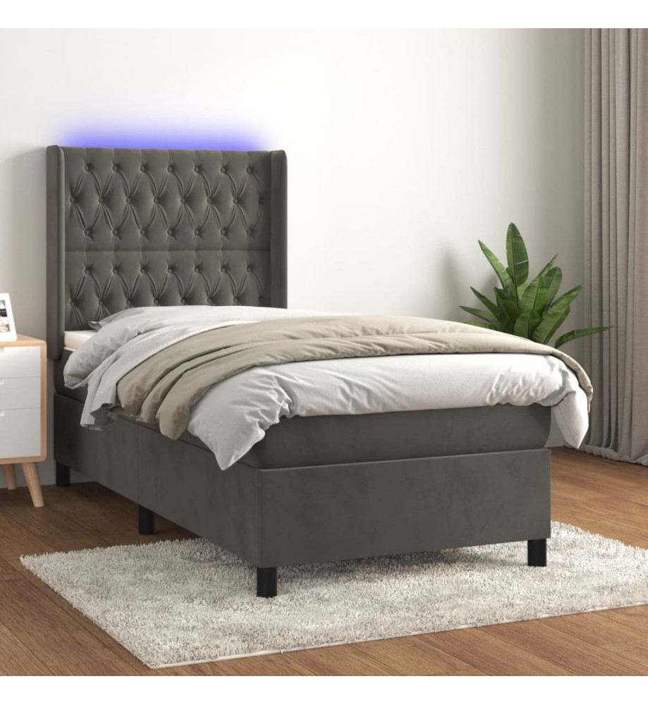 Sommier tapissier et matelas et LED Gris foncé 90x200cm Velours Sommier tapissier et matelas et LED Gris foncé 90x200cm Velours