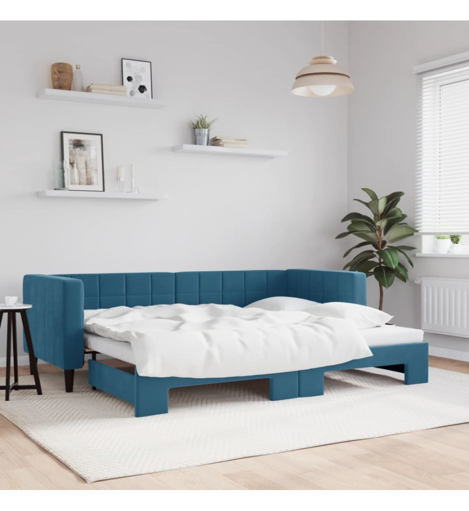 Lit de jour avec lit gigogne bleu 80x200 cm velours Lit de jour avec lit gigogne bleu 80x200 cm velours