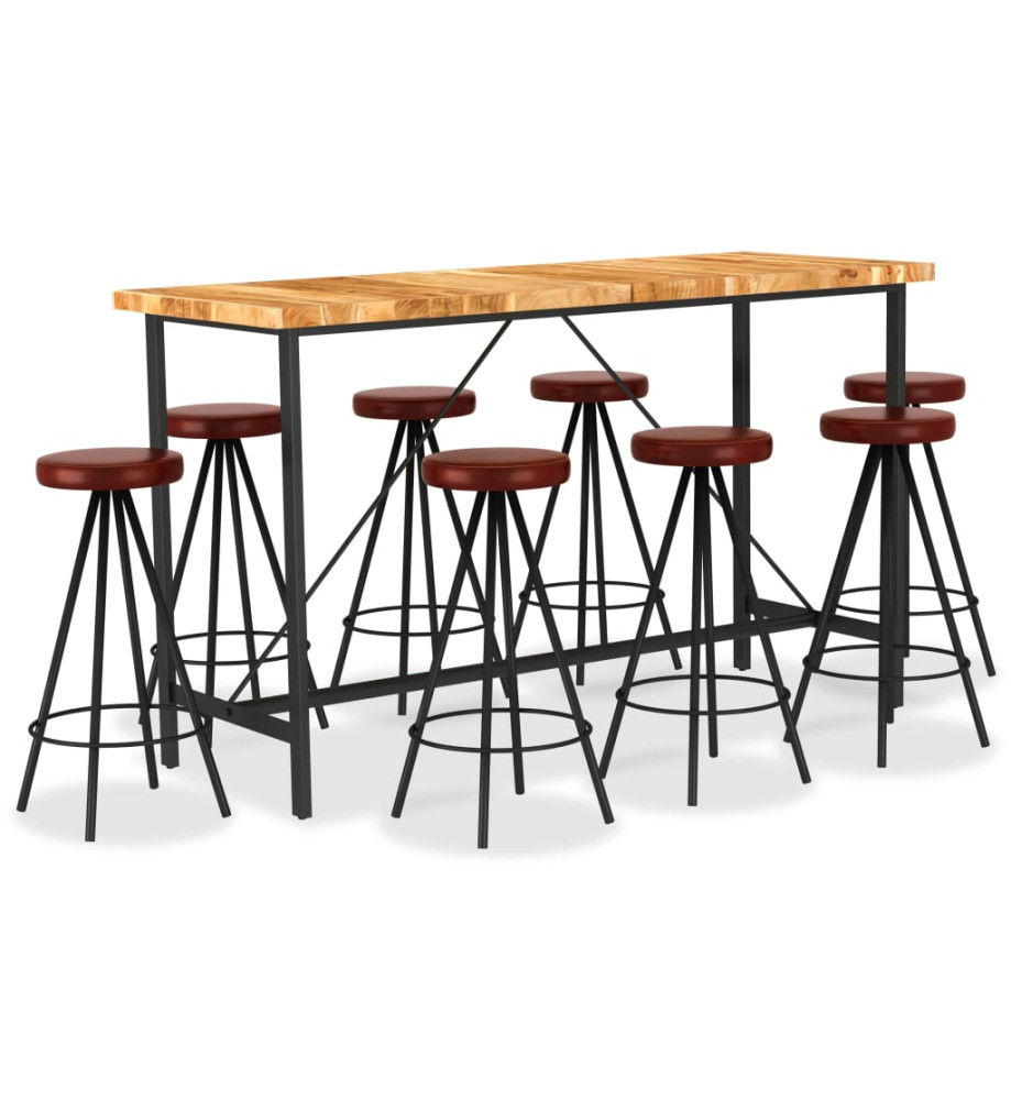 Ensemble de bar 9 pcs Bois d'acacia solide et cuir véritable