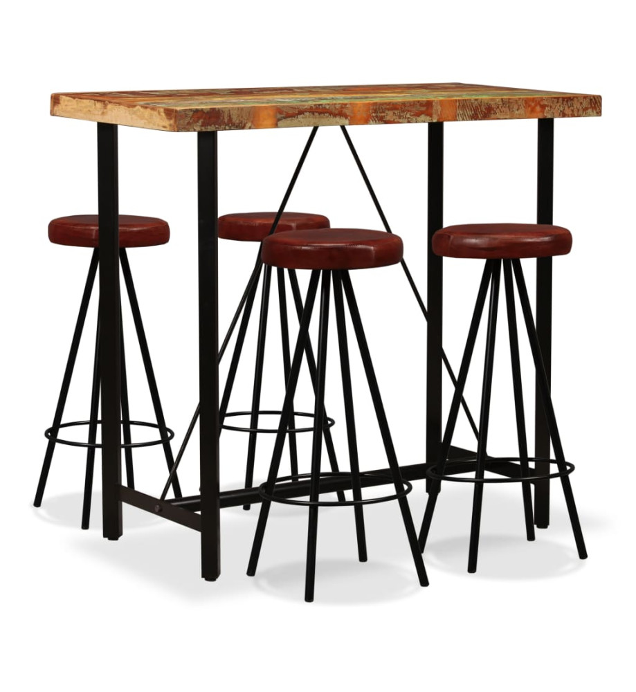 Ensemble de bar 5 pcs Bois massif recyclé et cuir véritable