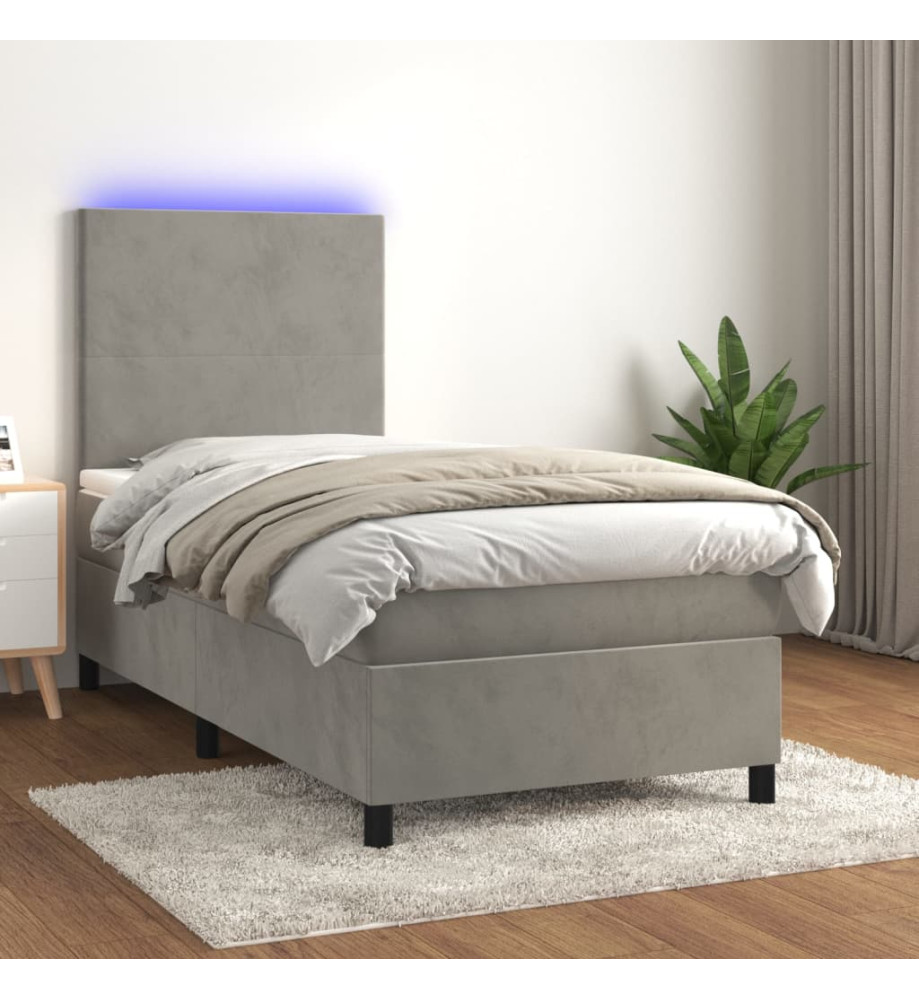 Sommier tapissier et matelas et LED Gris clair 90x190cm Velours Sommier tapissier et matelas et LED Gris clair 90x190cm Velours