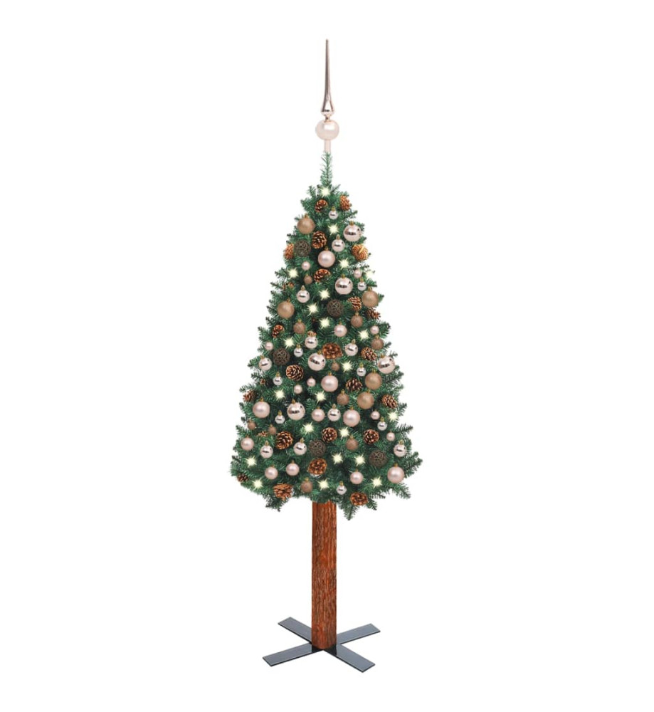 Sapin de Noël mince pré-éclairé et boules vert 210 cm PVC