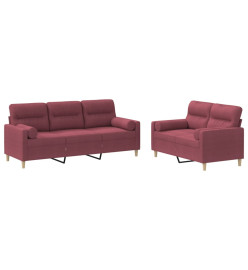 Ensemble de canapés 2 pcs avec coussins rouge bordeaux tissu