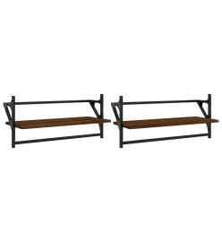 Étagères murales avec barres 2 pcs chêne marron 65x25x30 cm